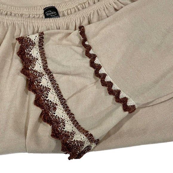 WinWin Tunic Tan with Brown Crochet Accent Bell Sleeves Size L/XL - Picture 6 of 9